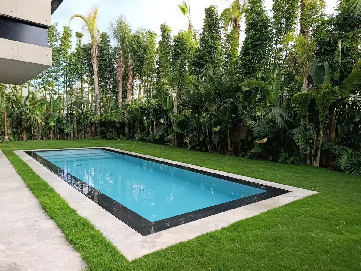 Piscine infinity gazon tropical